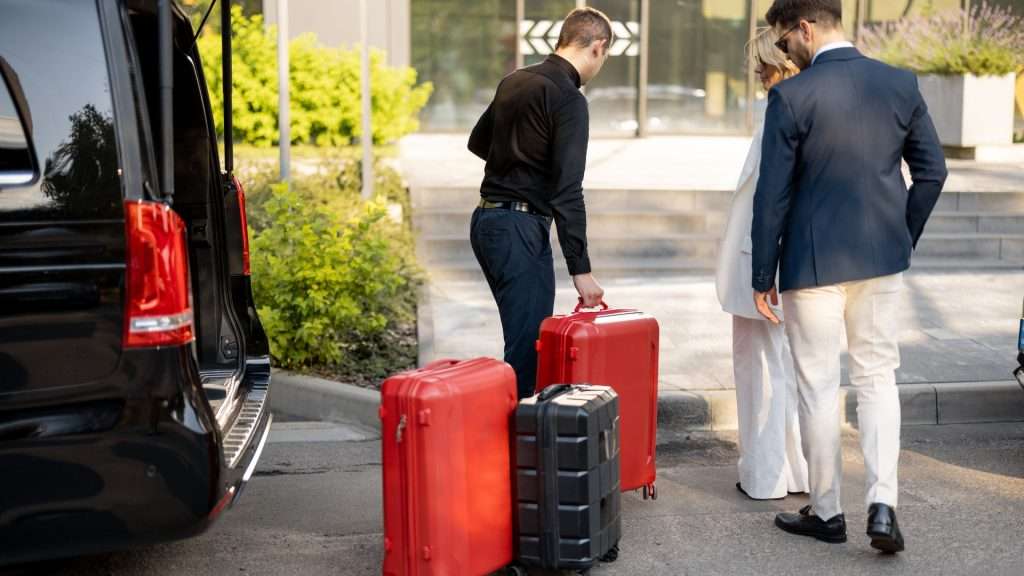 Driver helping clients with luggage at airport.
