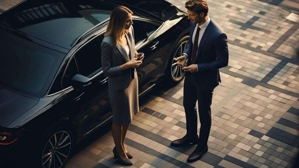 Couple near car outside Spicers Balfour Hotel, Brisbane.