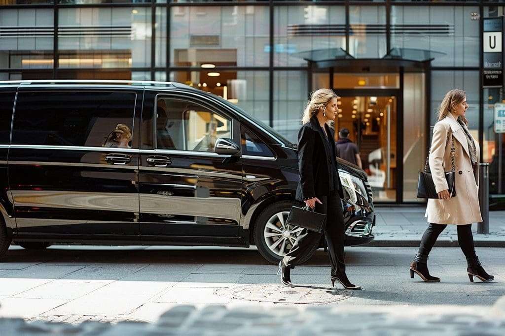 Two women walking by chauffeured black cars, Gold Coast cityscape in background