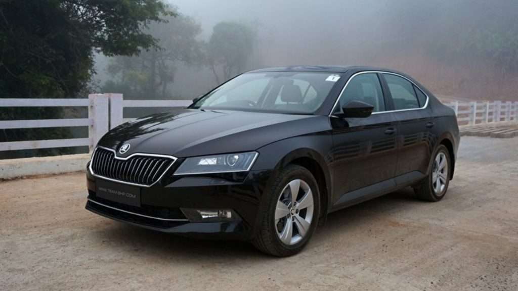 Skoda Superb luxury sedan parked on rural road