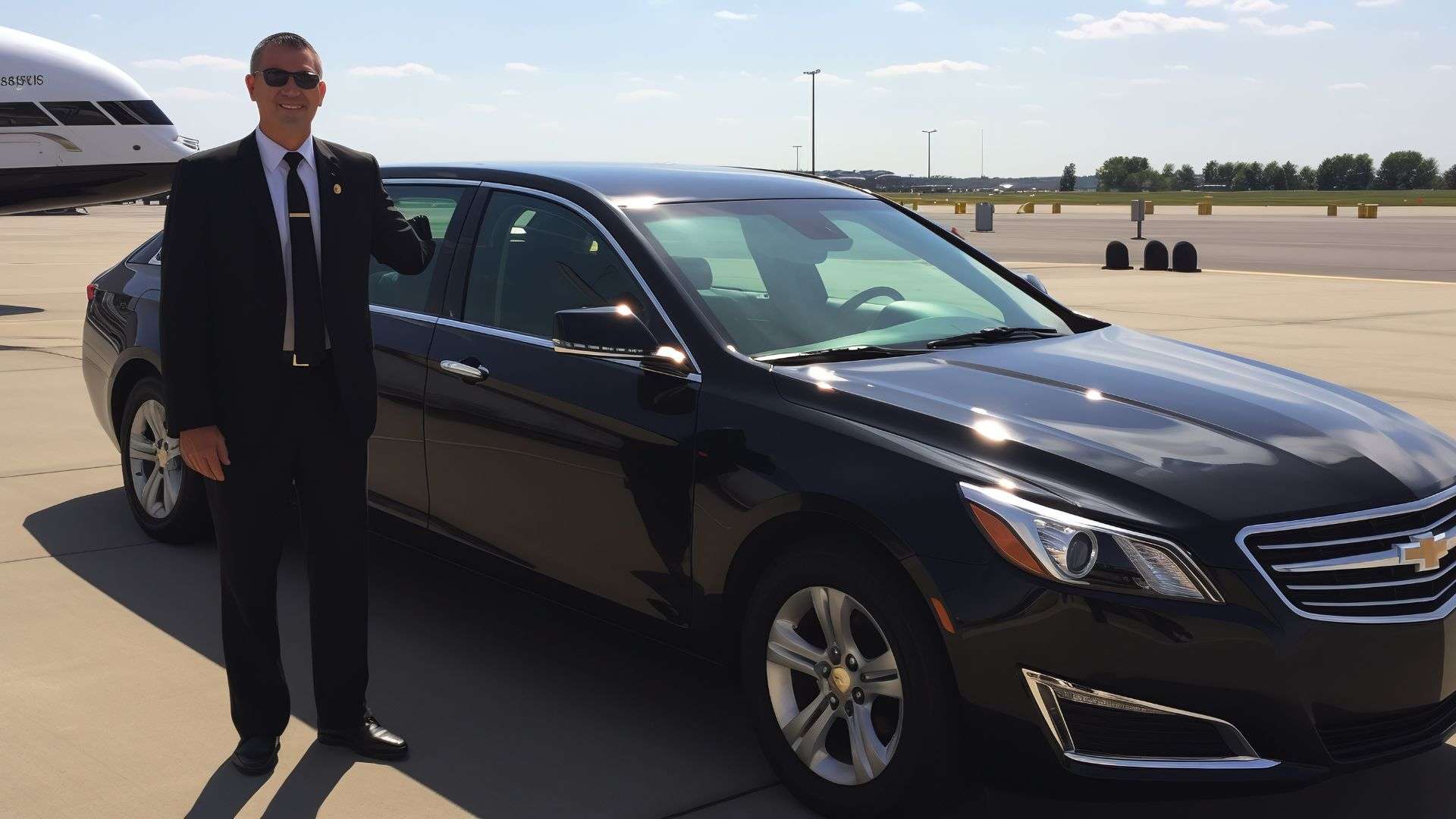 Chauffeur Car in Brisbane professional chauffeur standing beside luxury black sedan at airport terminal under clear sky
