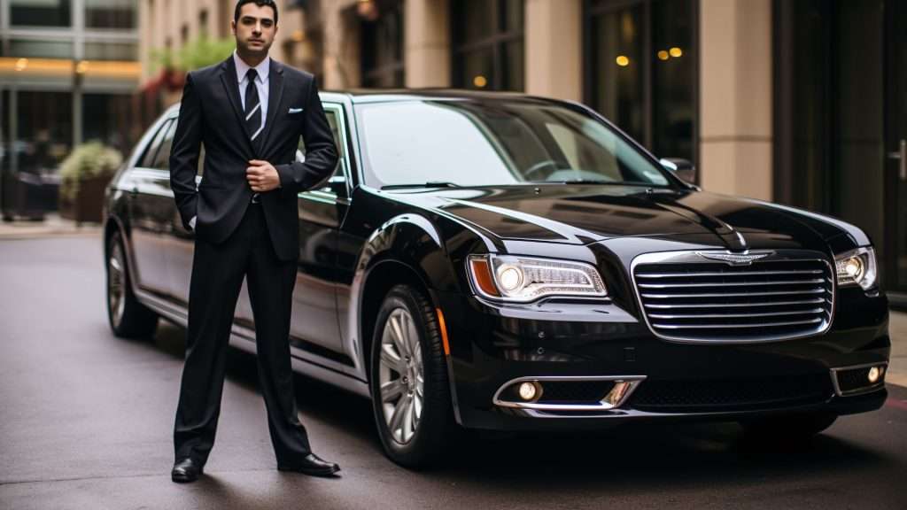VIP Luxury Chauffeur standing by black sedan.